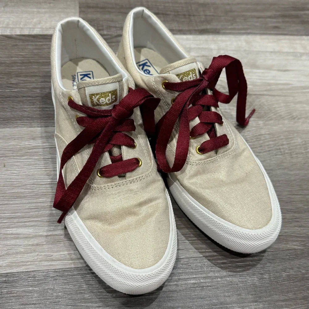 Keds Women's Cream Canvas Sneakers with Burgundy Laces